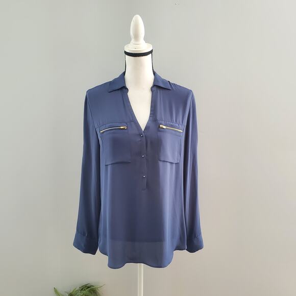Express Women's Pullover Blue Sheer Zipper Accent Top Size M - Picture 1 of 8